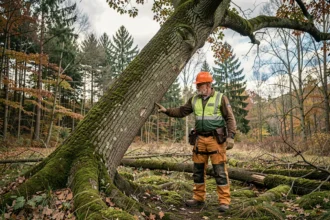 Arboriste professionnel évaluant l'angle d'inclinaison d'un grand chêne penché en forêt avant abattage