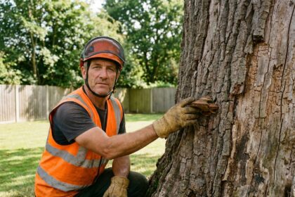 Arboriste certifié inspectant un grand chêne malade avec une écorce fissurée et couverte de champignons dans un jardin résidentiel