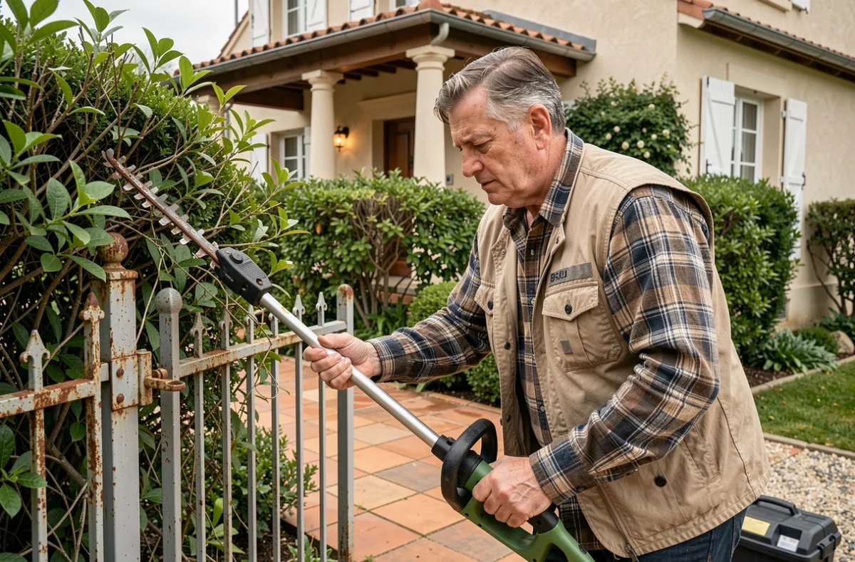 Artisan de l'Assistance Barange Bricolage Jardin réparant un portail et taillant des arbustes à l'entrée d'une maison de banlieue dans le Rhône