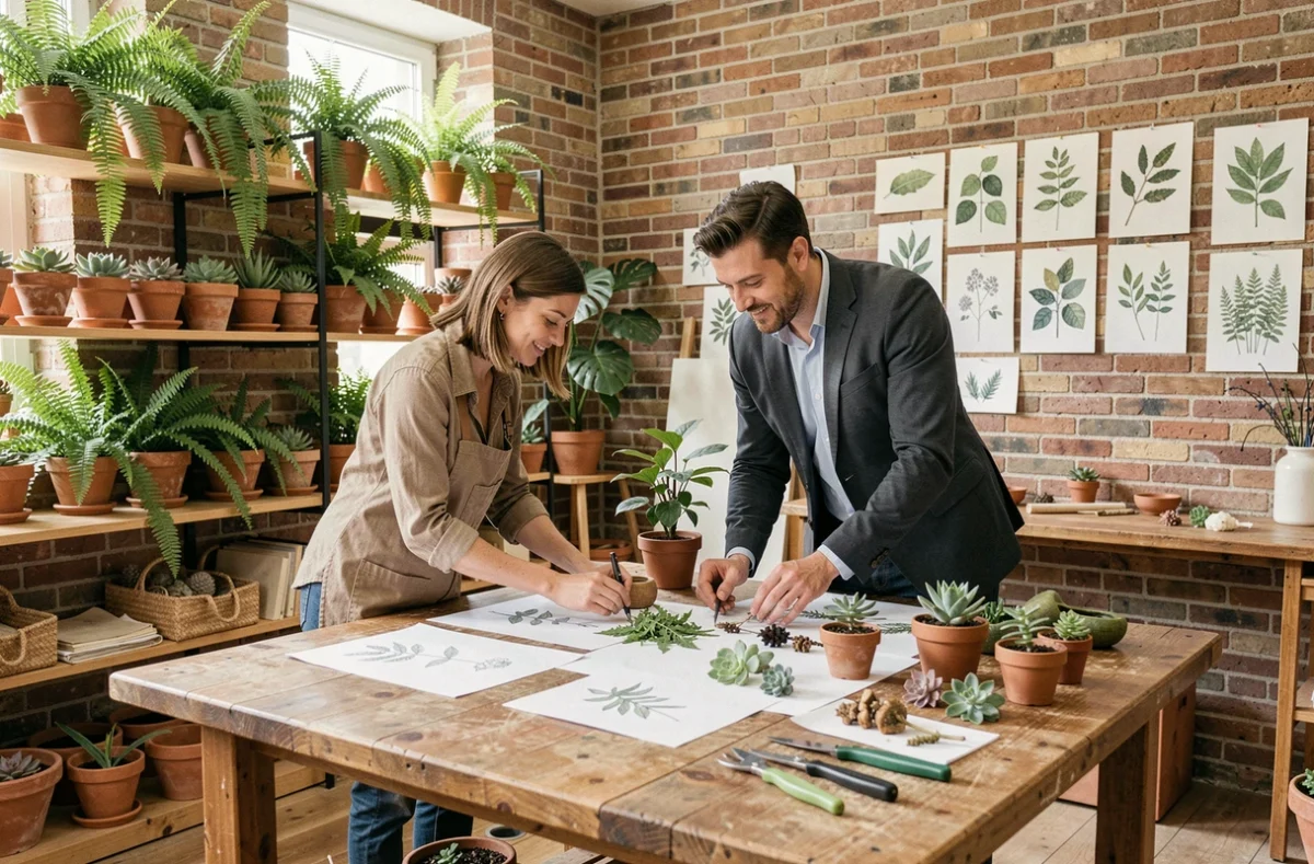 L'Atelier Végétal, studio de design paysager parisien avec plantes et esquisses botaniques sur une grande table en bois