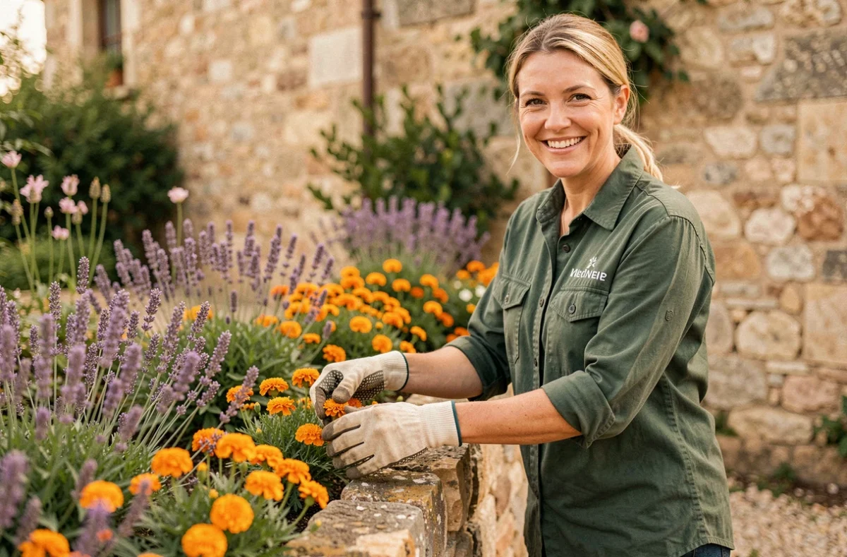 Jardinière d'Au Brin'Vert arrangeant une bordure de fleurs colorées le long d'un mur en pierre dans une propriété de la campagne du Rhône