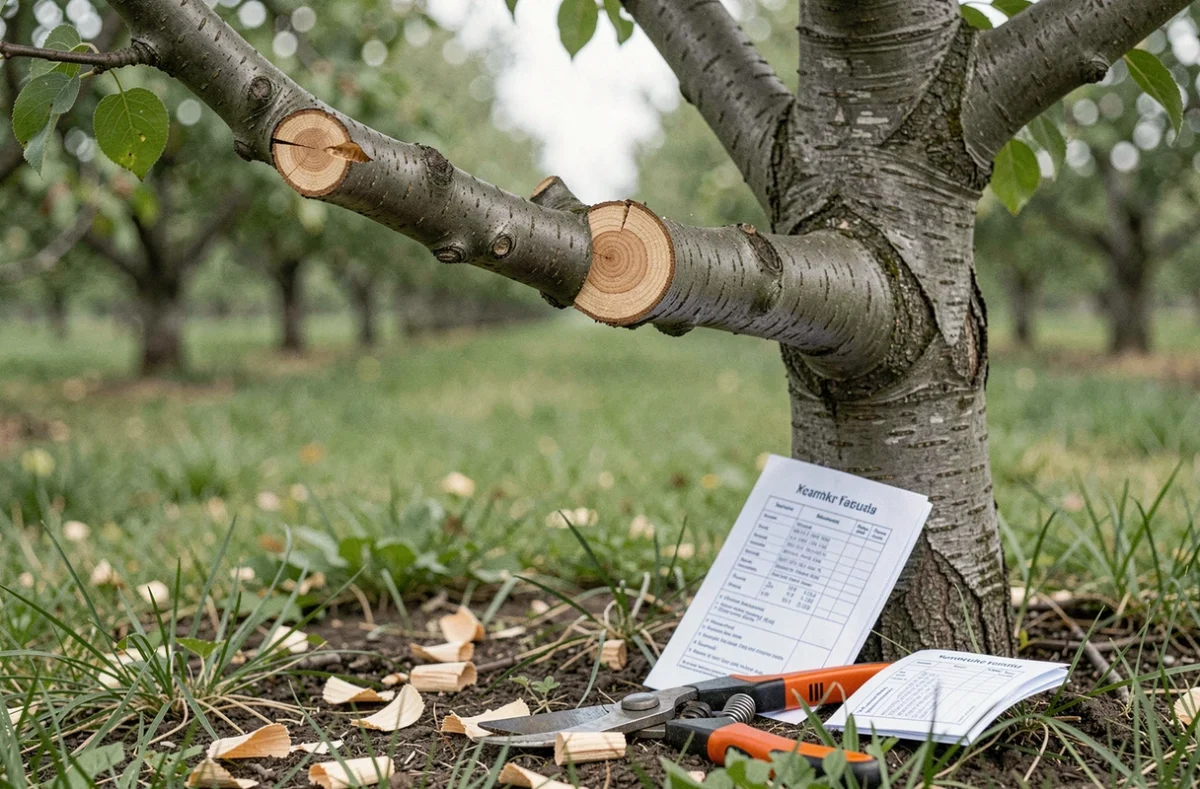 Gros plan sur des branches d'arbre fruitier fraîchement élaguées avec des outils professionnels et un bon de travail dans un verger