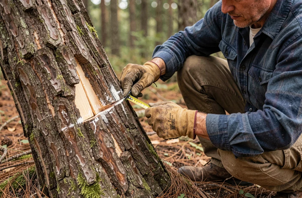 Bûcheron traçant des repères de coupe à la craie sur le tronc d'un arbre penché avant l'encoche d'abattage