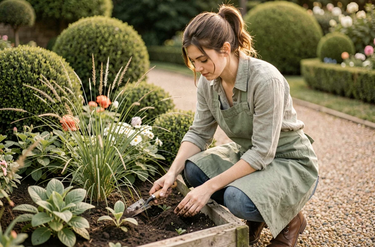 Jardinière de Bulle De Vert plantant des jeunes plants dans un jardin design avec des topiaires arrondis et un chemin de gravier