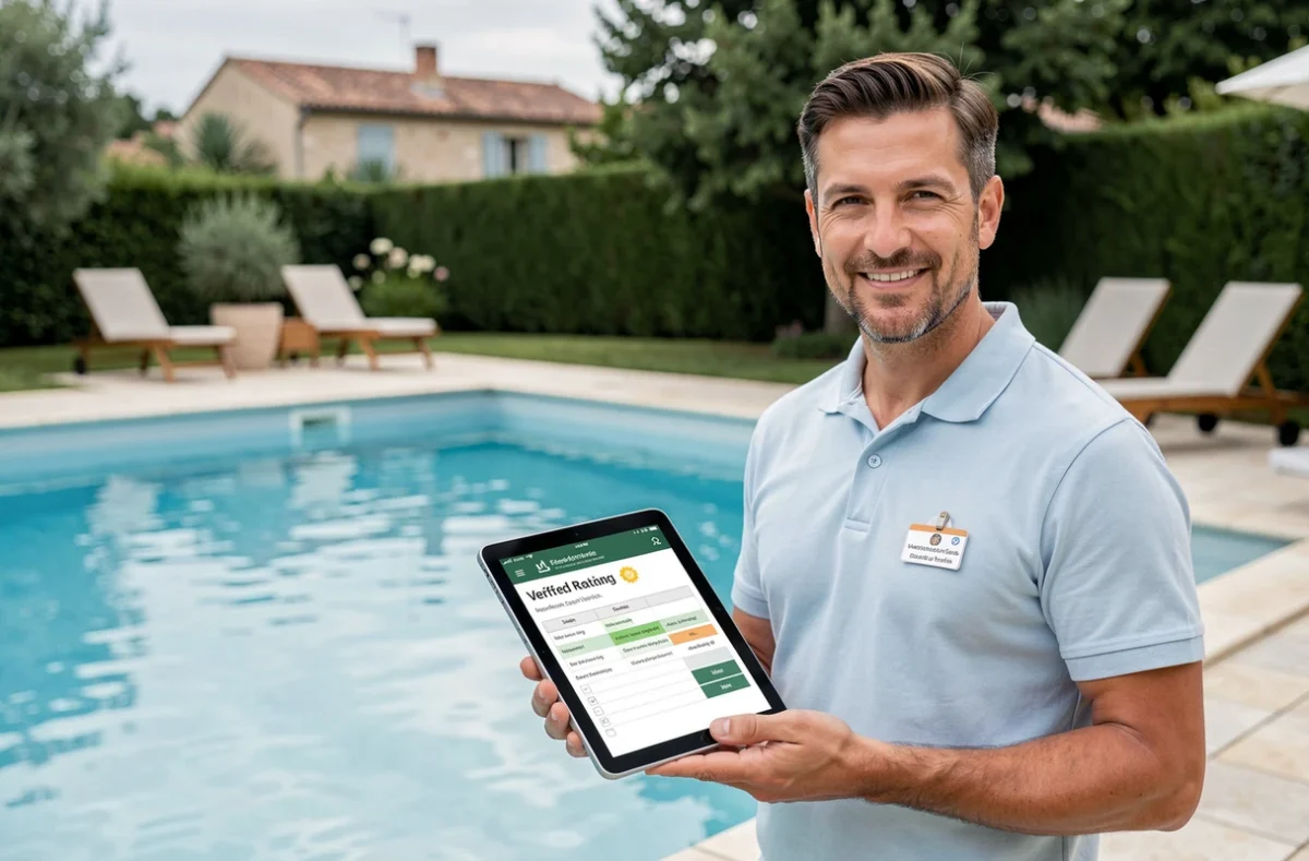Pisciniste certifié CDNG Piscines tenant une tablette avec checklist de vérification au bord d'une piscine résidentielle en Occitanie lors d'une inspection qualité