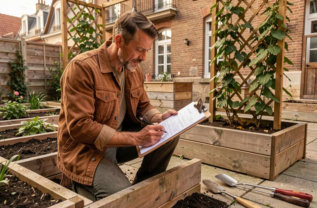 Le Coach Jardinier consultant un plan de plantation dans un jardin urbain lyonnais en cours de réaménagement avec des jardinières en bois