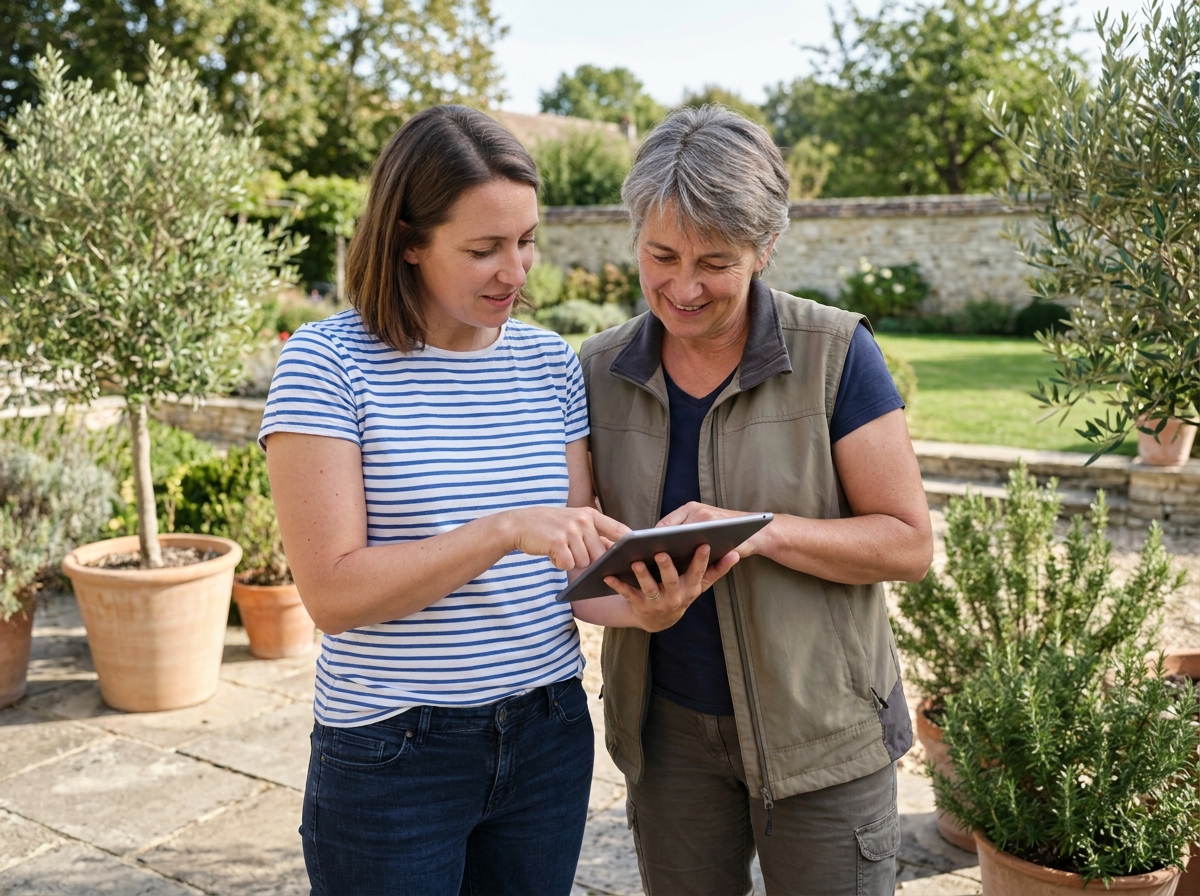 Propriétaire et paysagiste femme consultant un plan 3D de jardin sur tablette sur une terrasse en calcaire bordelais entourée d'oliviers en pots