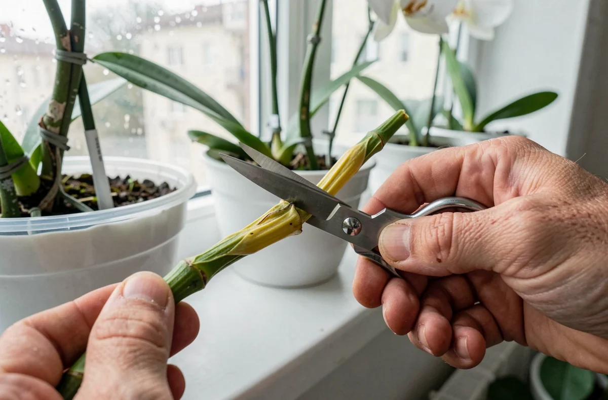 Gros plan de mains coupant précisément une tige d'orchidée au-dessus d'un nœud sur un rebord de fenêtre d'appartement