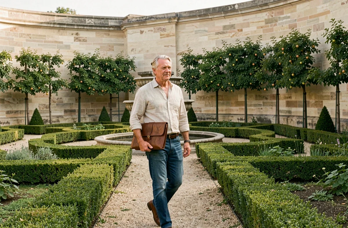 Daniel Guittat, paysagiste, marchant dans un jardin à la française avec parterres de buis et allées de gravier à Paris