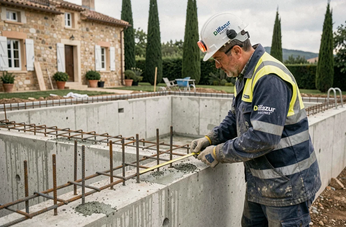 Chantier de construction d'une piscine en béton armé Diffazur Piscines en Occitanie, avec armature métallique et ouvrier spécialisé en tenue de travail branded inspectant la structure