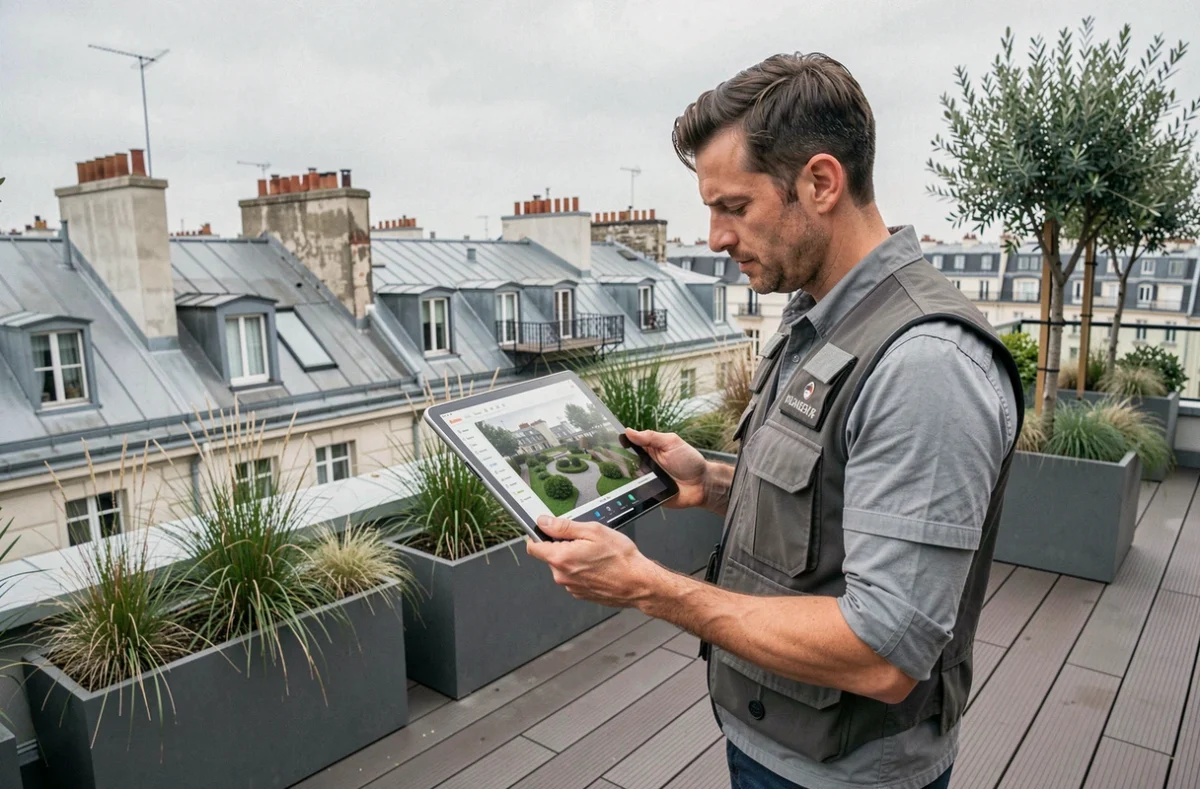 DNG Paysage, paysagiste masculin consultant un modèle 3D sur tablette sur une terrasse végétalisée avec vue sur les toits de Paris
