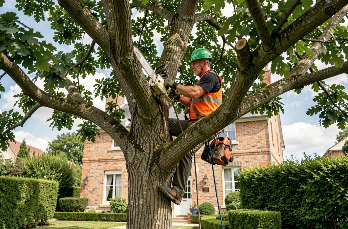 Élagueur professionnel en hauteur dans un arbre dans un jardin résidentiel à Cugnaux