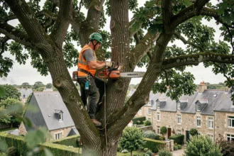 Élagueur professionnel en hauteur dans un chêne avec tronçonneuse, quartier résidentiel de Lorient en arrière-plan