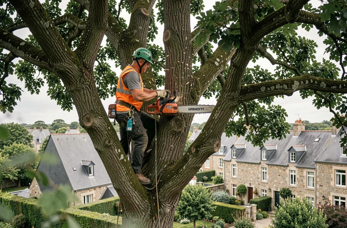 Élagueur professionnel en hauteur dans un chêne avec tronçonneuse, quartier résidentiel de Lorient en arrière-plan