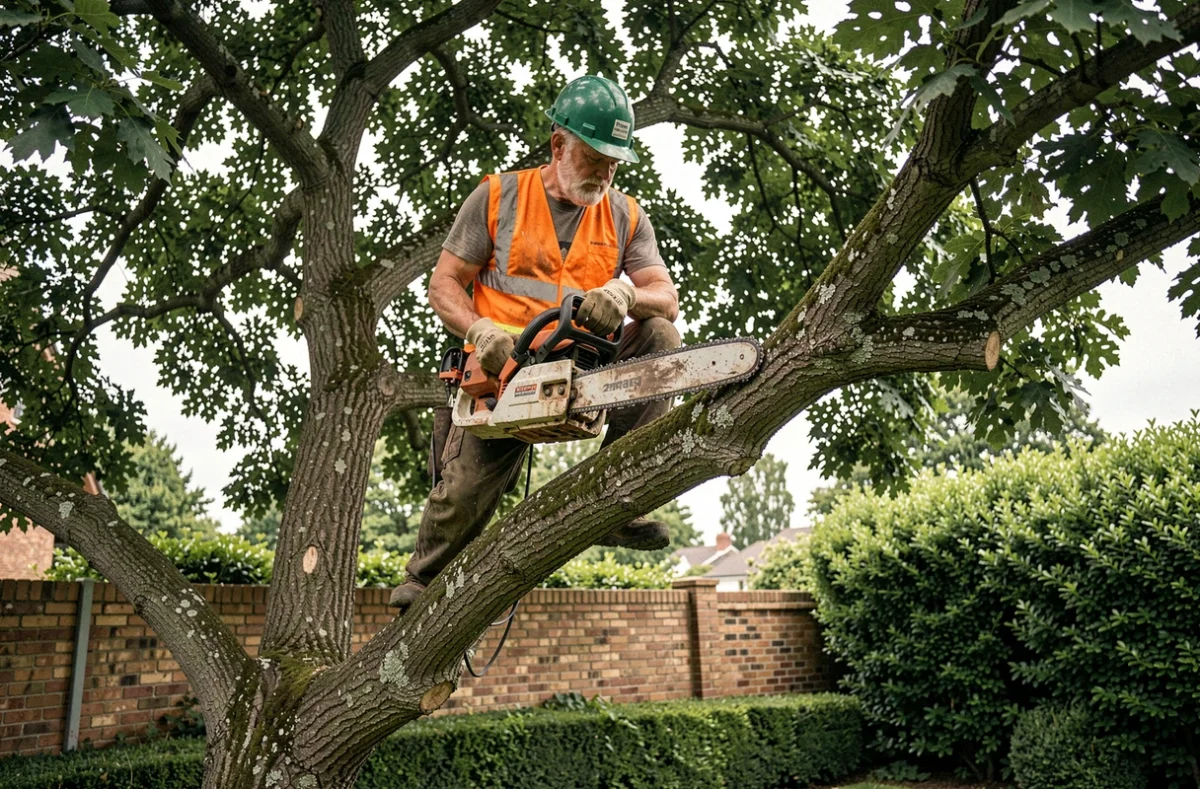 Élagueur professionnel en tenue de sécurité tronçonnant une branche de chêne en hauteur dans un jardin résidentiel