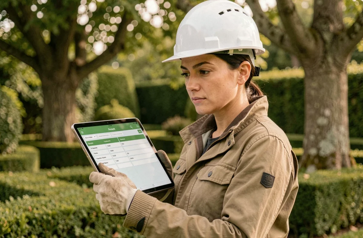 Élagueuse tenant une tablette avec devis numérique dans un jardin privé à Lorient