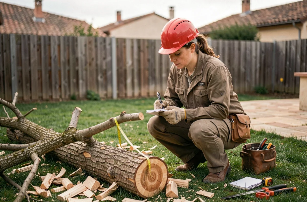 Élagueuse professionnelle mesurant des branches coupées dans un jardin à Cugnaux