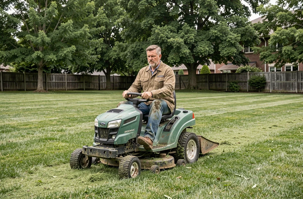 Yannick, jardinier spécialisé en espaces verts, tondant une grande pelouse avec une tondeuse autoportée dans une propriété résidentielle du Rhône