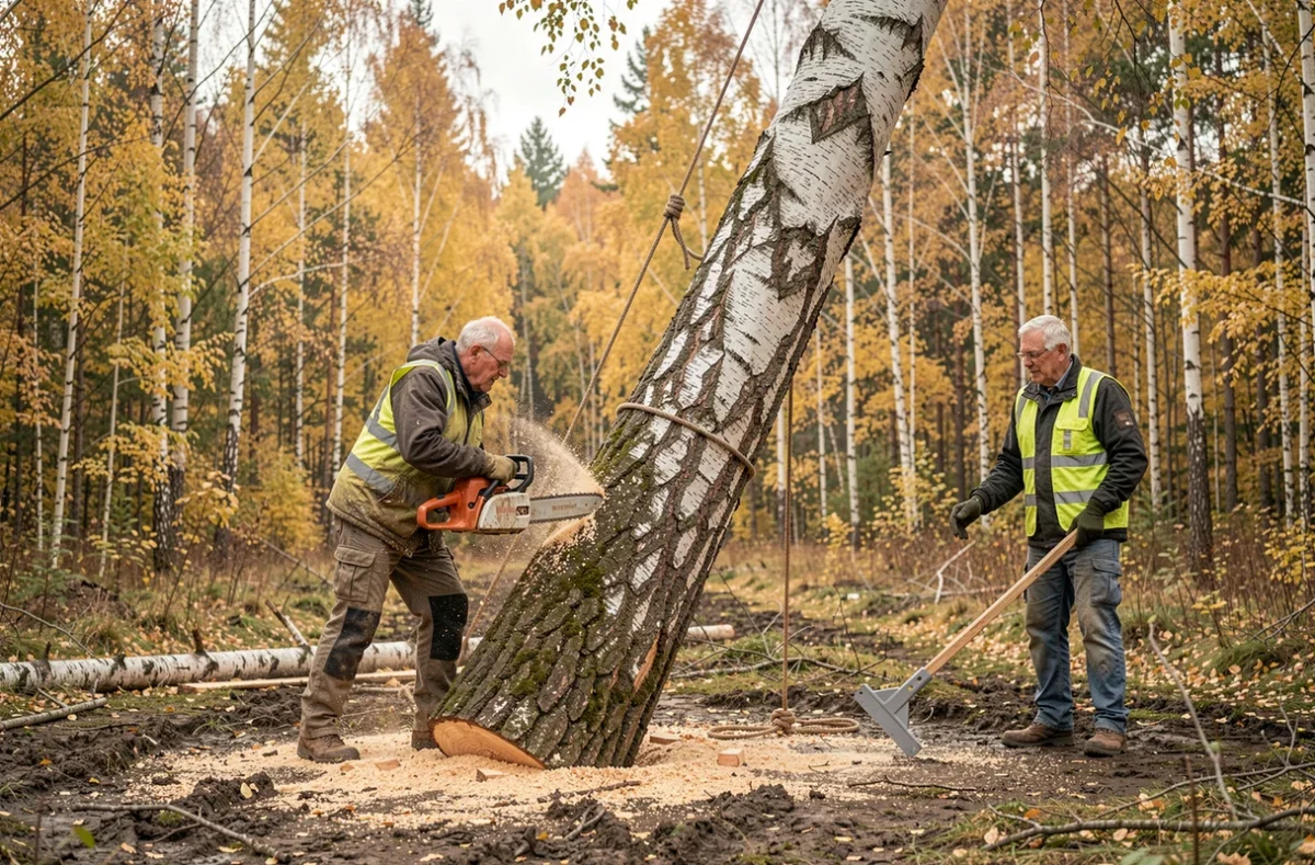 Deux bûcherons réalisant l'abattage contrôlé d'un bouleau penché avec tronçonneuse et cale d'abattage en forêt automnale