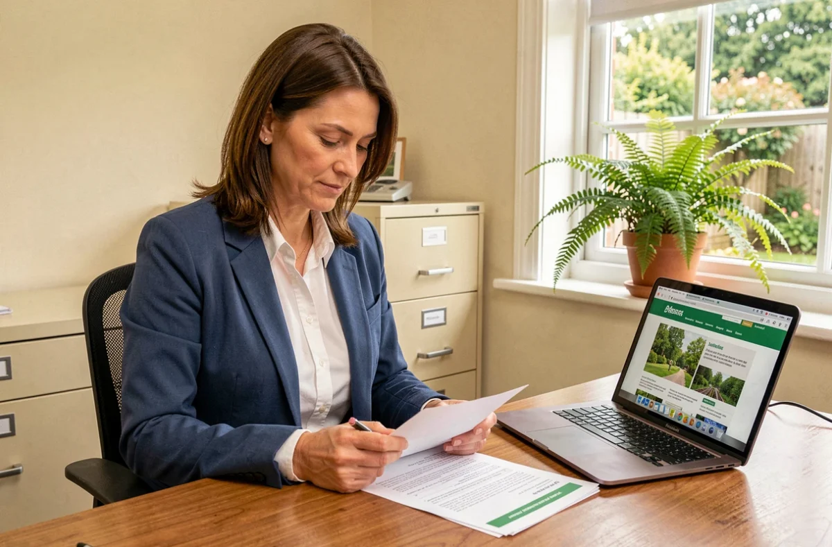Administratrice examinant un devis de service d'élagage imprimé dans un bureau professionnel avec ordinateur portable