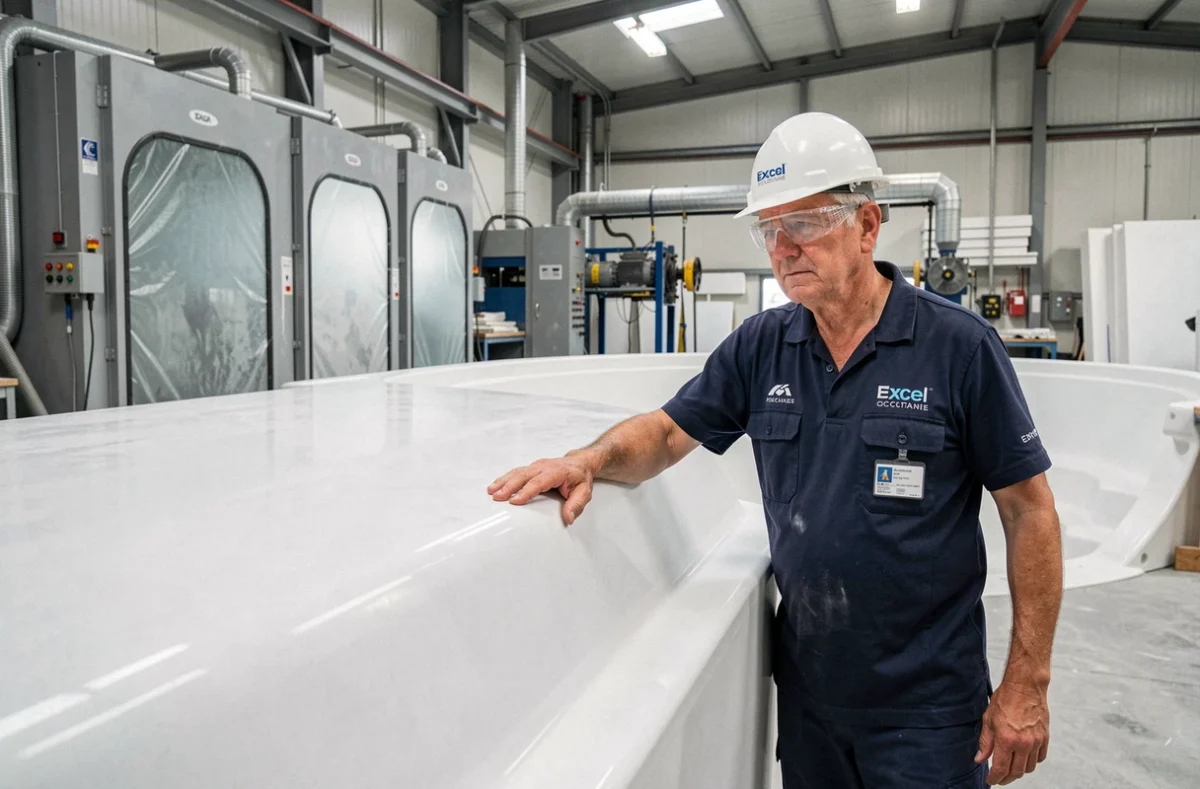 Ingénieur qualité d'Excel Piscines Occitanie inspectant une coque en polyester fabriquée en France dans l'atelier de production de l'entreprise en Occitanie