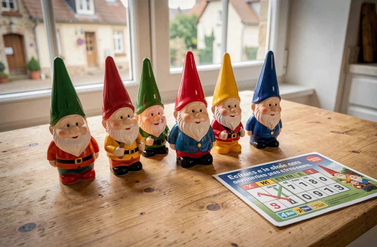 Figurines de nains de jardin en céramique peintes avec notice de jeu en français posées sur une table en bois, prêtes à jouer
