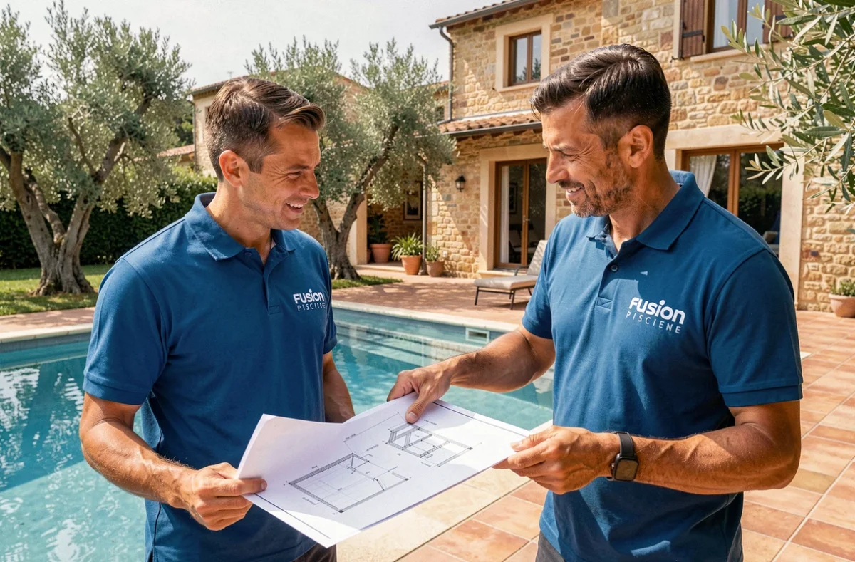 Deux experts piscinistes du réseau Fusion Piscine en Occitanie discutant de plans de construction devant une piscine dans une cour de villa méditerranéenne