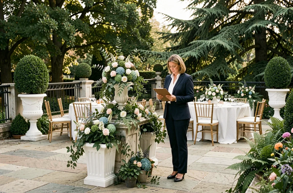 Garden Events Loli Events, coordinatrice supervisant la décoration florale et les topiaires dans une cour parisienne pour un événement