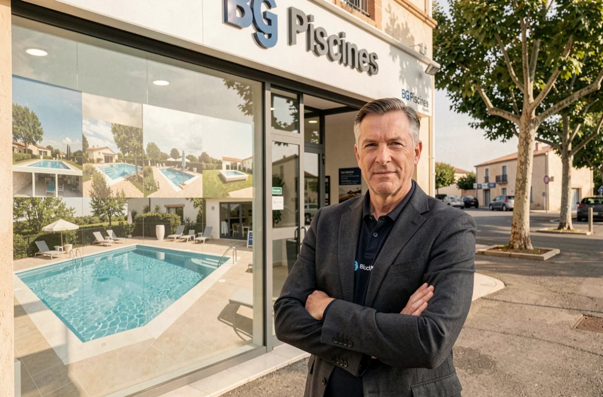 Directeur régional du Groupe BG Piscines devant la devanture d'un showroom pisciniste multi-sites en Occitanie, bras croisés avec une expression professionnelle assurée