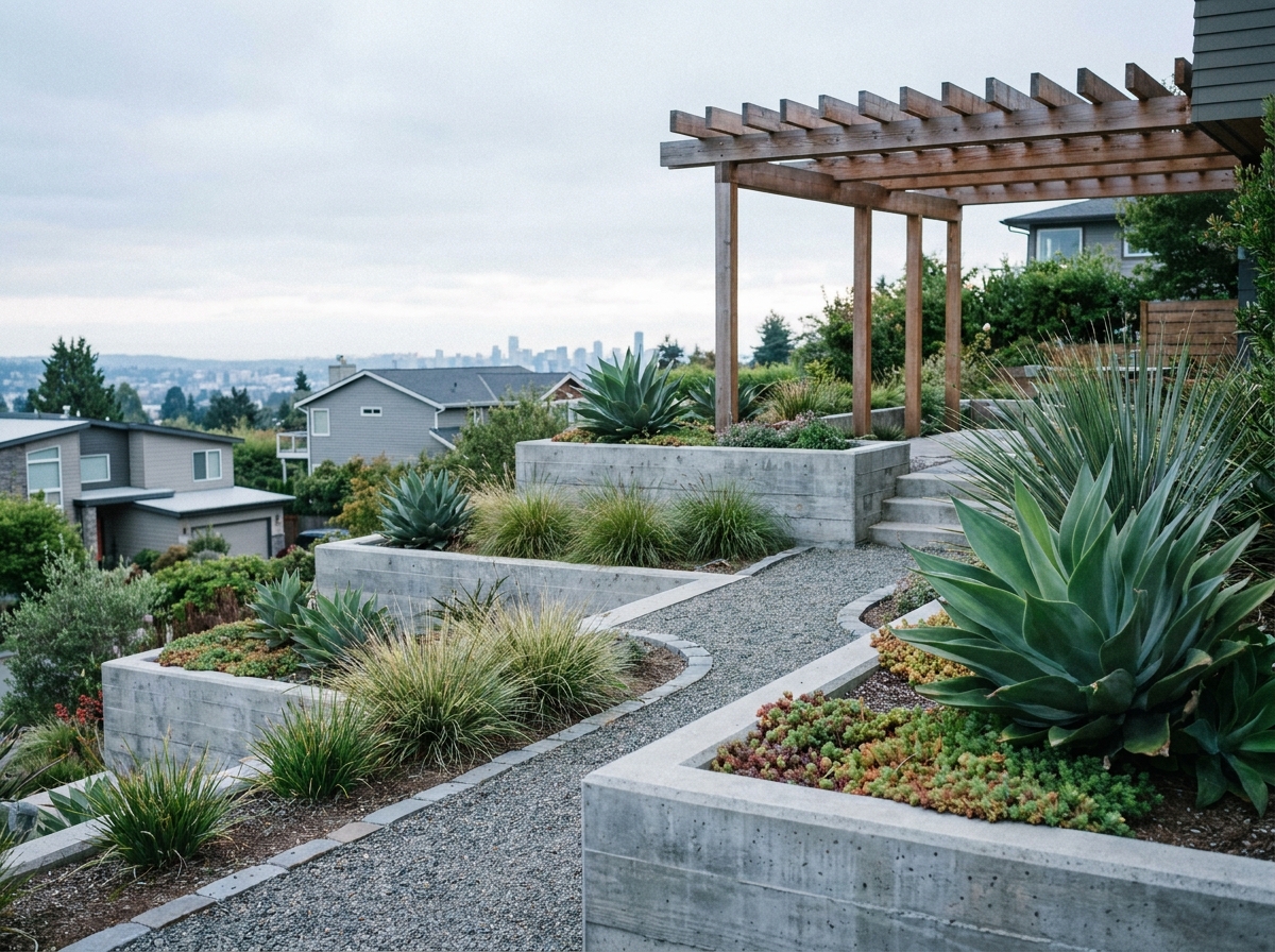 Jardin moderne aménagé en pente avec des jardinières en béton, graviers et plantes architecturales sur terrain accidenté