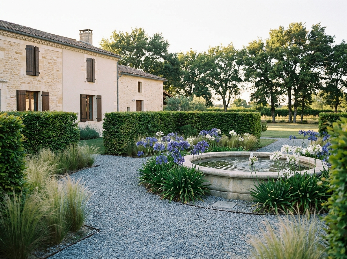 Jardin paysagé terminé à Bordeaux avec haies de charme structurées, allée en gravier, bassin en pierre et facade girondine en arrière-plan