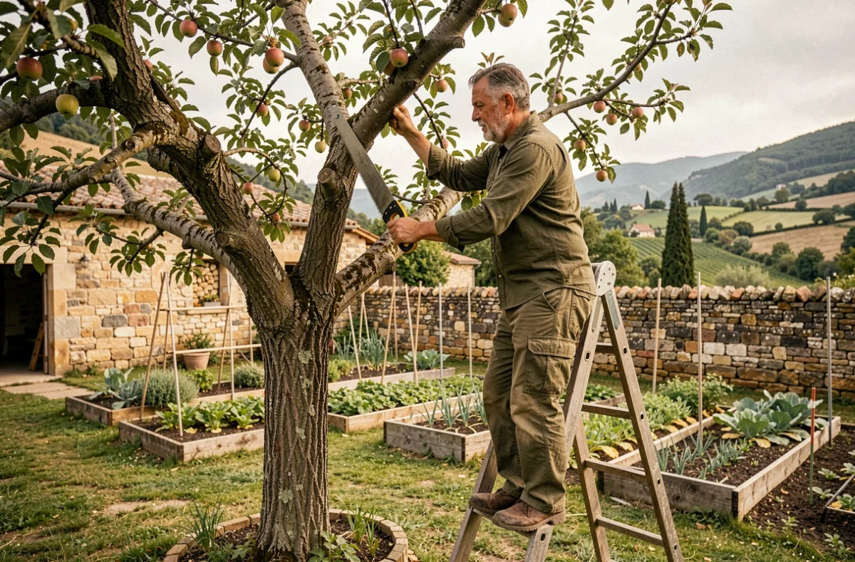 Jardinier de Jardin Services Ansois élagage d'un vieux fruitier dans un jardin de campagne traditionnel avec des murets en pierre et des potagers
