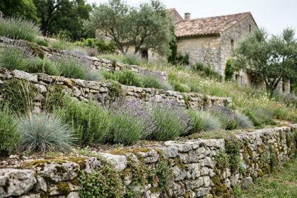Jardin en terrasses aménagé sur un terrain en pente avec des murets en pierre sèche et des plantations de lavande et romarin