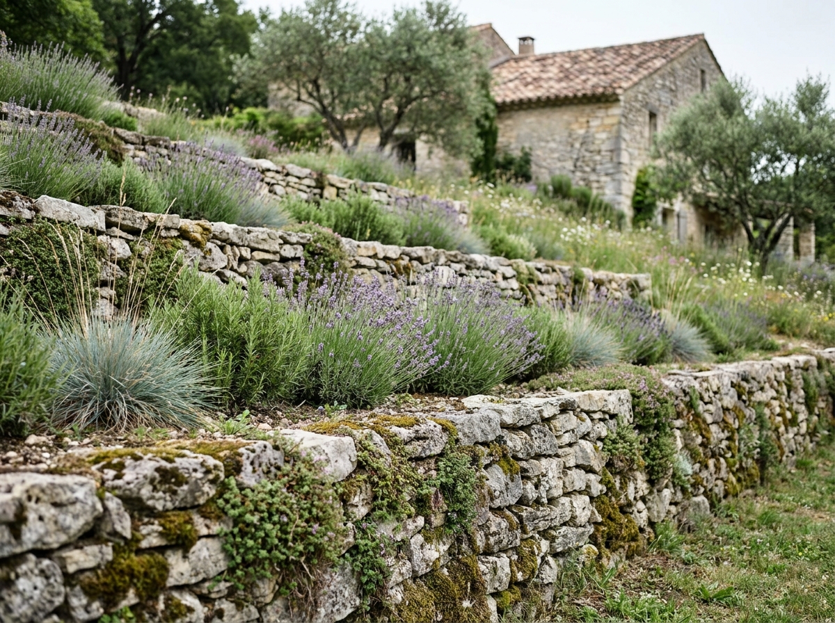 Jardin en terrasses aménagé sur un terrain en pente avec des murets en pierre sèche et des plantations de lavande et romarin
