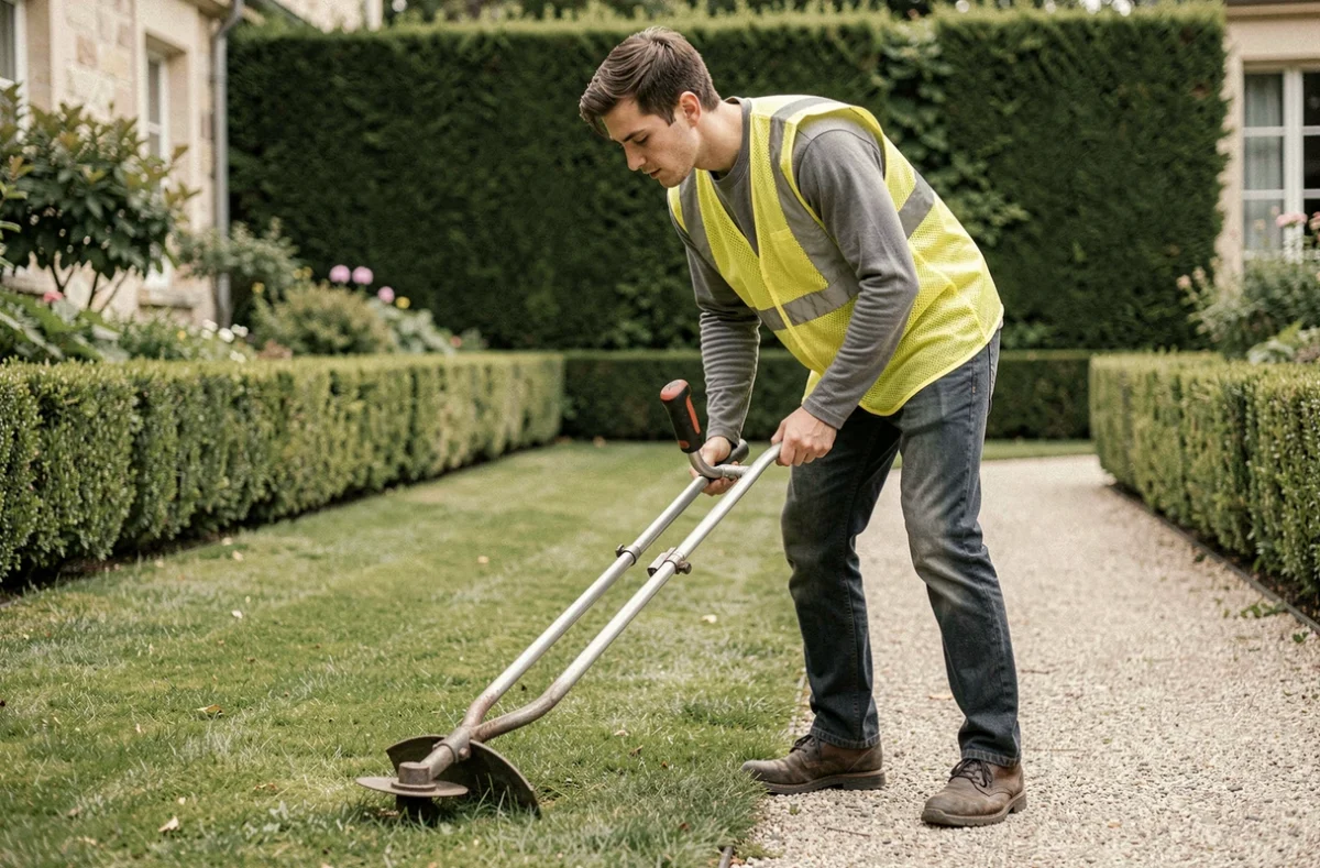Jardinier des Jardiniers SAP Lyon bordant soigneusement une pelouse avec une demi-lune le long d'un chemin de jardin résidentiel à Lyon