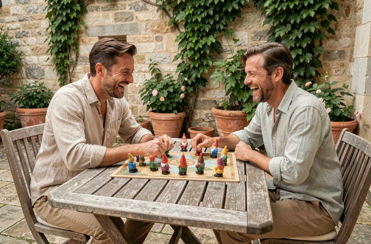 Deux hommes jouant à une version de table du jeu du nain de jardin sur une terrasse en pierre d'une maison de campagne française