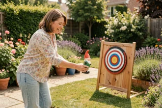 Femme jouant au jeu du nain de jardin dans un jardin français ensoleillé, lançant une figurine colorée vers une cible en bois sur la pelouse