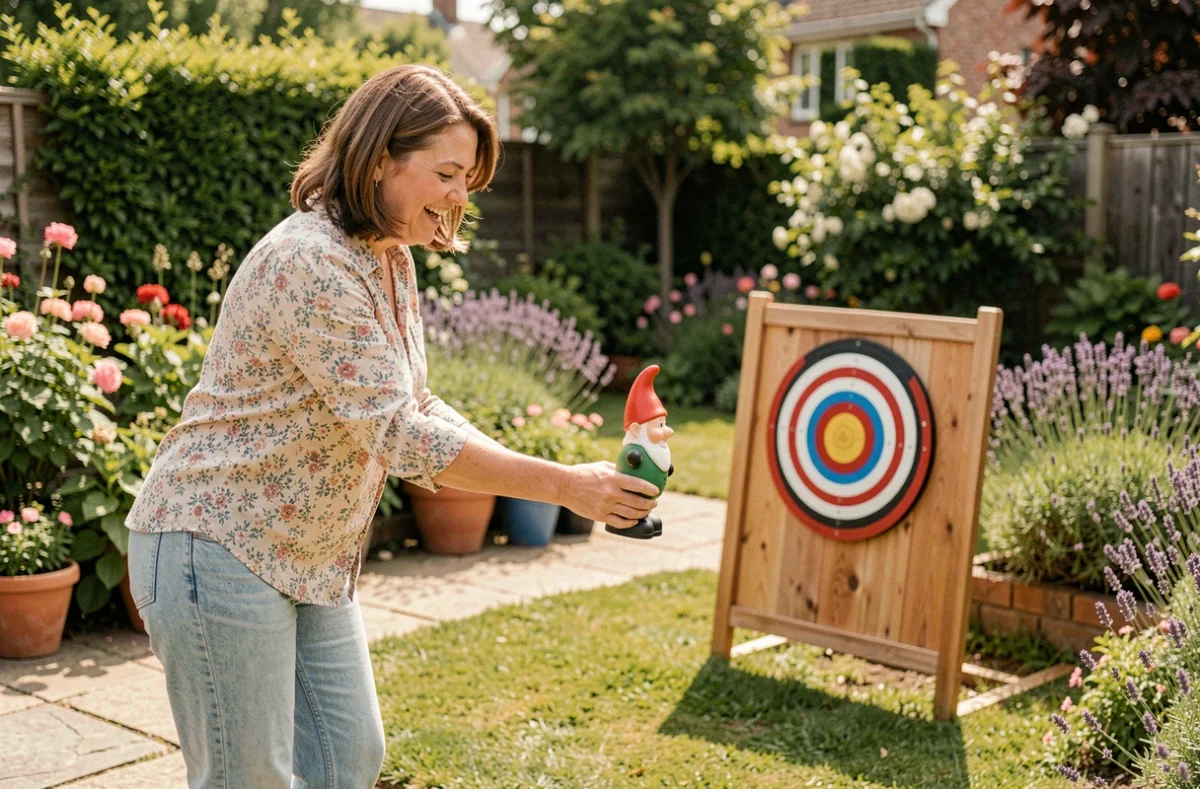 Femme jouant au jeu du nain de jardin dans un jardin français ensoleillé, lançant une figurine colorée vers une cible en bois sur la pelouse