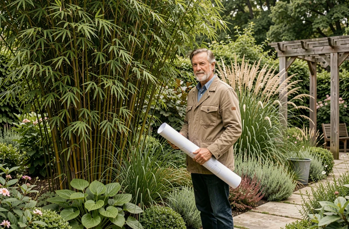 Martel et Michel Paysagiste DPLG Arundo Donax, architecte paysagiste debout près de grandes herbes ornementales et bambous dans un jardin parisien