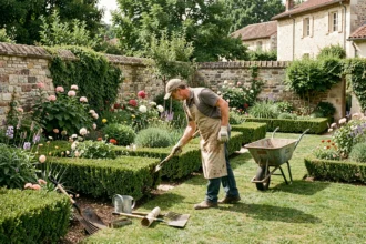 Un jardinier professionnel entretenant un beau jardin dans le département du Rhône, avec des haies taillées et des massifs fleuris typiques de la région
