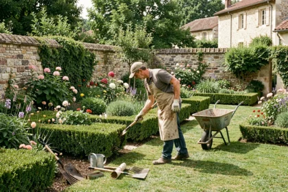 Un jardinier professionnel entretenant un beau jardin dans le département du Rhône, avec des haies taillées et des massifs fleuris typiques de la région