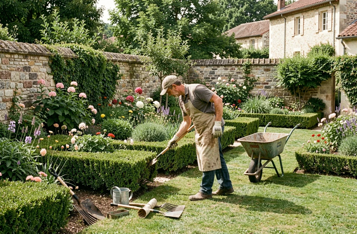 Un jardinier professionnel entretenant un beau jardin dans le département du Rhône, avec des haies taillées et des massifs fleuris typiques de la région