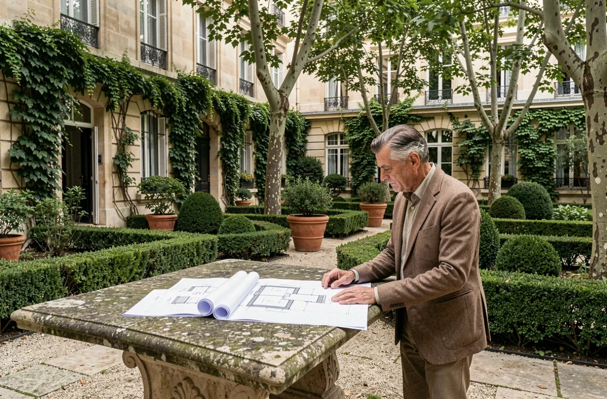 Paysagiste professionnel consultant des plans de jardin dans une cour parisienne verdoyante avec murs en pierre haussmanniens