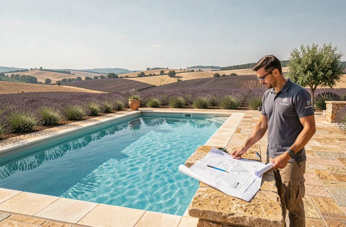 Vue large d'une piscine extérieure en Occitanie avec un pisciniste professionnel consultant des plans au bord du bassin, entouré d'une terrasse en pierre et de collines typiques du Sud de la France