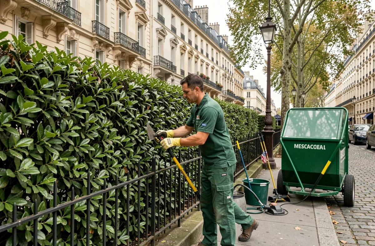 NT Entretien Espaces Verts, ouvrier en uniforme vert taillant une haie de charme devant un immeuble haussmannien parisien