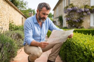 Paysagiste professionnel consultant un plan de jardin devant une haie taillée dans un jardin bordelais avec des bordures de lavande et un mur en pierre