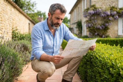 Paysagiste professionnel consultant un plan de jardin devant une haie taillée dans un jardin bordelais avec des bordures de lavande et un mur en pierre