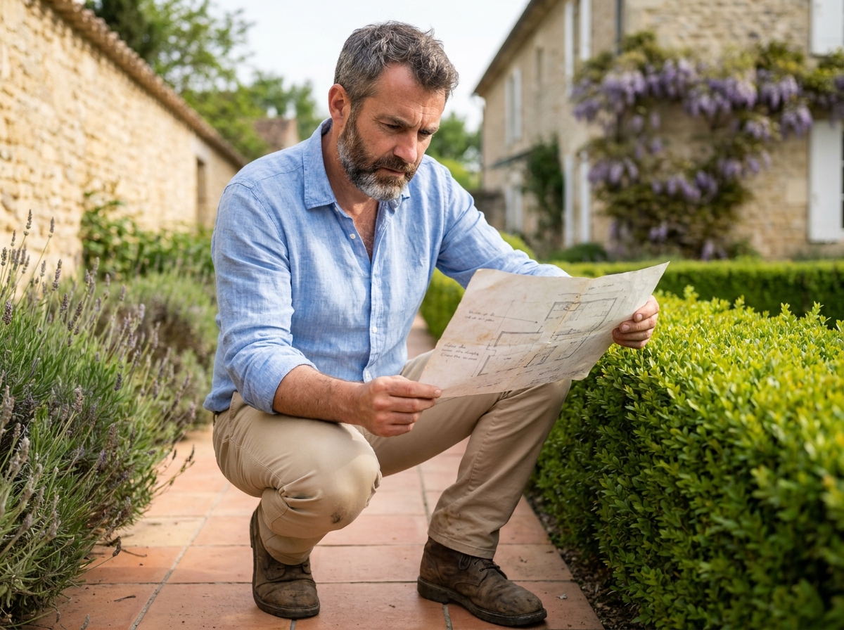 Paysagiste professionnel consultant un plan de jardin devant une haie taillée dans un jardin bordelais avec des bordures de lavande et un mur en pierre