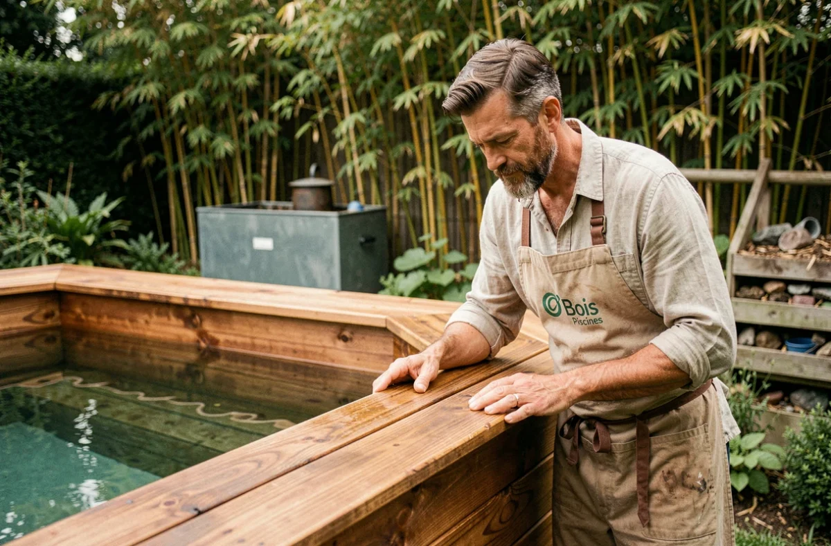 Artisan pisciniste Piscines O'Bois inspectant les assemblages en bois d'une piscine éco-responsable dans un jardin végétalisé, avec bambous et aménagement naturel en arrière-plan