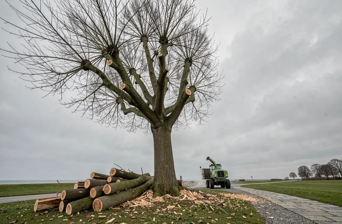 Platane fraîchement élagué dans un parc public de Lorient avec broyeur de branches au sol